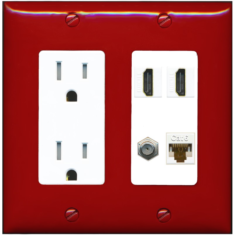 RiteAV 1 Port CAT6 Coax 2 HDMI Jack Wall Plate - Tamper-Resistant Outlet [Red/White]