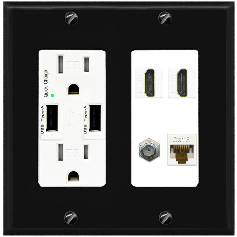 RiteAV 1 Port CAT6 Coax 2 HDMI Jack Wall Plate - USB Outlet [Black/White]