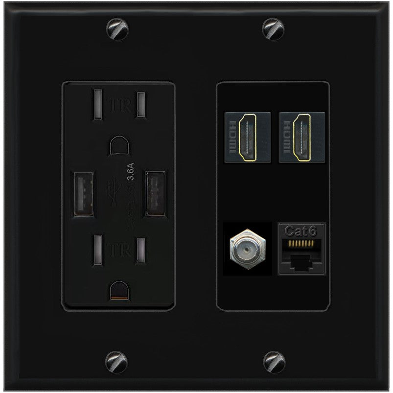 RiteAV 1 Port CAT6 Coax 2 HDMI Jack Wall Plate - USB Outlet [Black/Black]