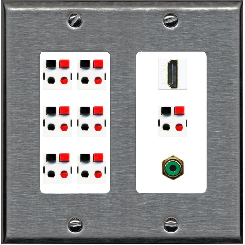 RiteAV 7.1 Surround Sound 7 Speaker Wall Plate with 1 Port HDMI RCA - 2 Gang [Stainless/White]