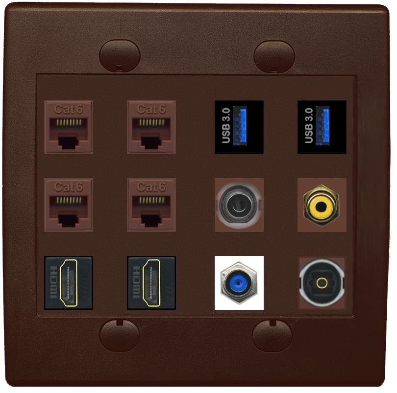 3-5MM 4 CAT6 F81 2 HDMI RCA-YELLOW TOSLINK 2 USB-3 Wall Plate - Flat 2 Gang [Brown/Brown]