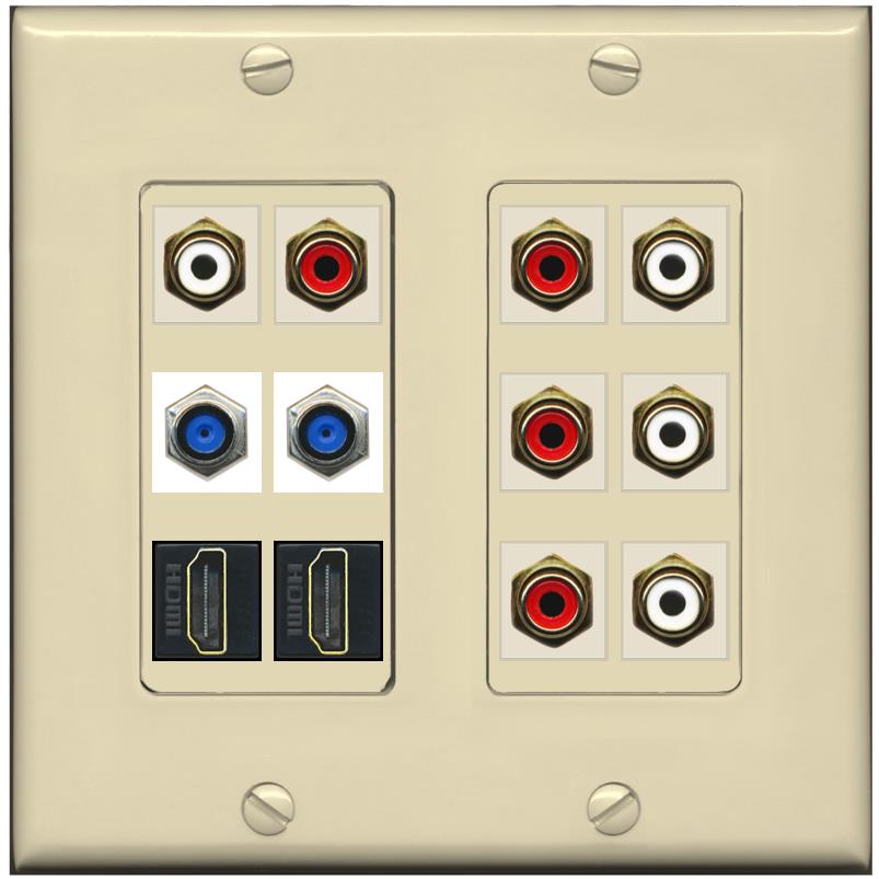 2 Gang Face Plate 8 X RCA Red/White 2 X F81 Coax 2 X HDMI Wall Plate - 2 Gang [Ivory/Ivory]