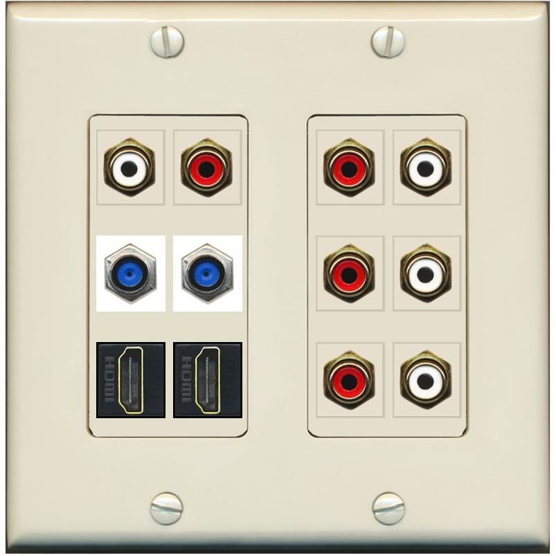 2 Gang Face Plate 8 X RCA Red/White 2 X F81 Coax 2 X HDMI Wall Plate - 2 Gang [Light-Almond]