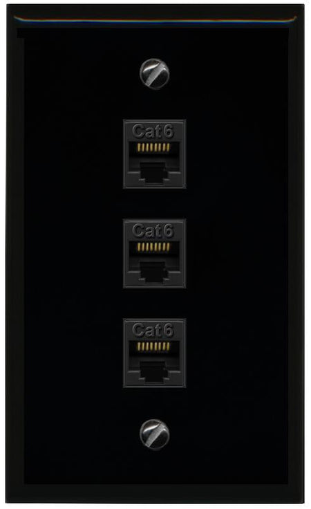 RiteAV - 3 Port Cat6 Ethernet Female-Female Wall Plate - Flat [Black/Black]