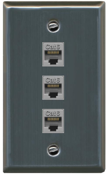 RiteAV - 3 Port Cat6 Ethernet Female-Female Wall Plate - Flat [Stainless Steel]