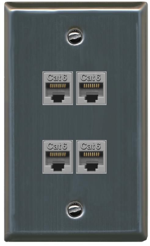 RiteAV - 4 Port Cat6 Female-Female Wall Plate - Flat [Stainless Steel]