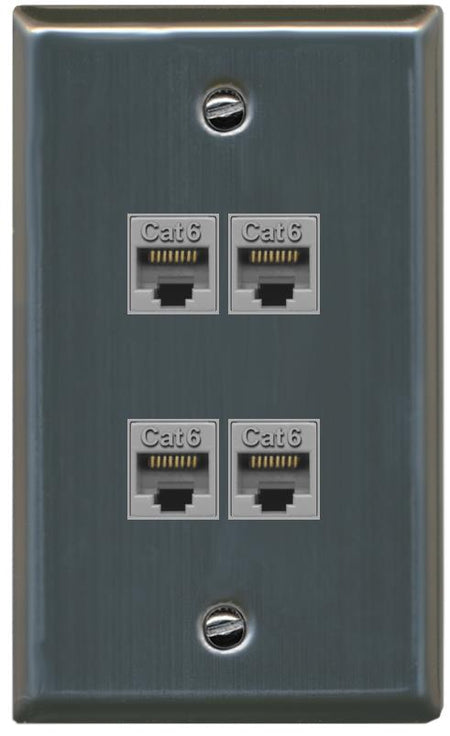 RiteAV - 4 Port Cat6 Female-Female Wall Plate - Flat [Stainless Steel]