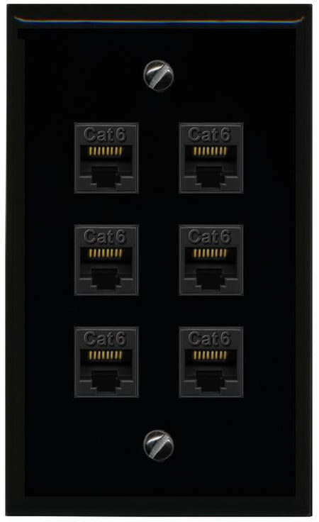 RiteAV - 6 Port Cat6 Ethernet RJ45 Female-Female Wall Plate - Flat [Black/Black]