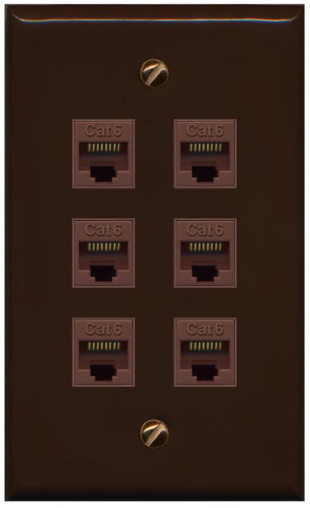 RiteAV - 6 Port Cat6 Ethernet RJ45 Female-Female Wall Plate - Flat [Brown/Brown]