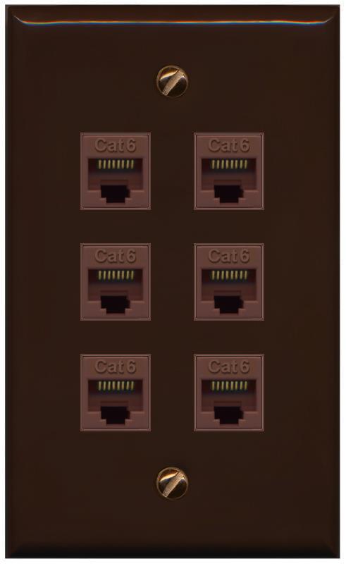RiteAV - 6 Port Cat6 Ethernet RJ45 Female-Female Wall Plate - Flat [Brown/Brown]