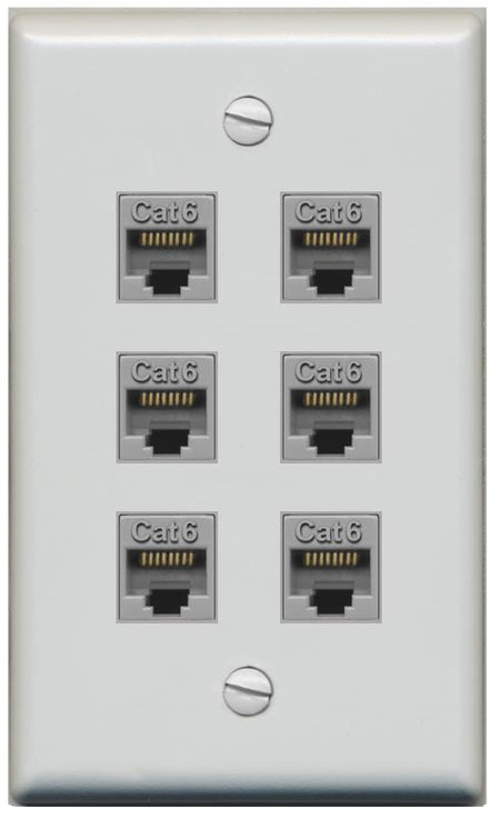 RiteAV - 6 Port Cat6 Ethernet RJ45 Female-Female Wall Plate - Flat [Gray/Gray]