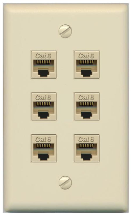 RiteAV - 6 Port Cat6 Ethernet RJ45 Female-Female Wall Plate - Flat [Ivory/Ivory]