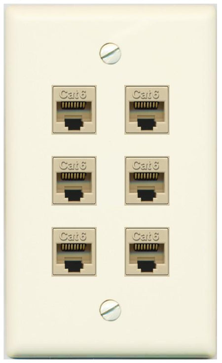 RiteAV - 6 Port Cat6 Ethernet RJ45 Female-Female Wall Plate - Flat [Light-Almond]