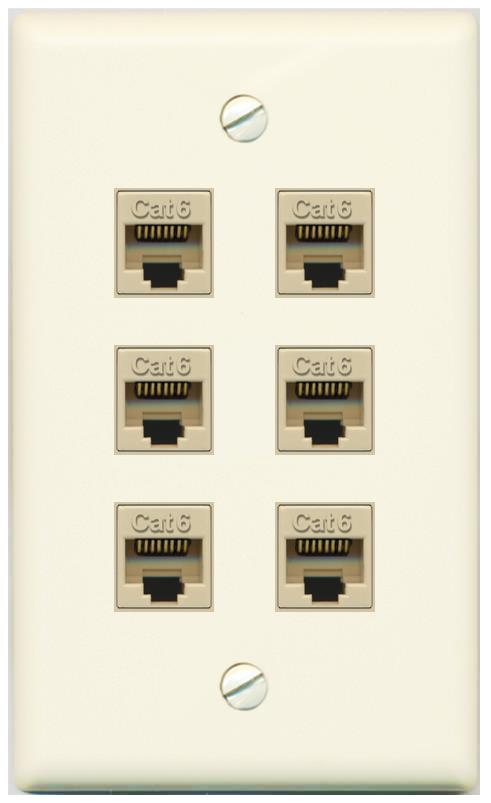 RiteAV - 6 Port Cat6 Ethernet RJ45 Female-Female Wall Plate - Flat [Light-Almond]