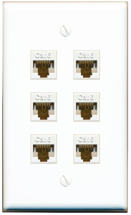 RiteAV - 6 Port Cat6 Ethernet RJ45 Female-Female Wall Plate - Flat [White]