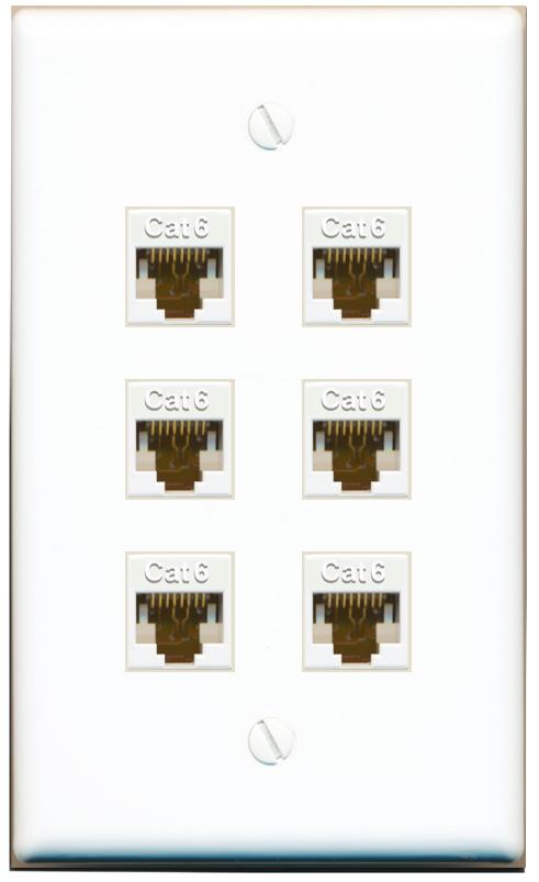 RiteAV - 6 Port Cat6 Ethernet RJ45 Female-Female Wall Plate - Flat [White]