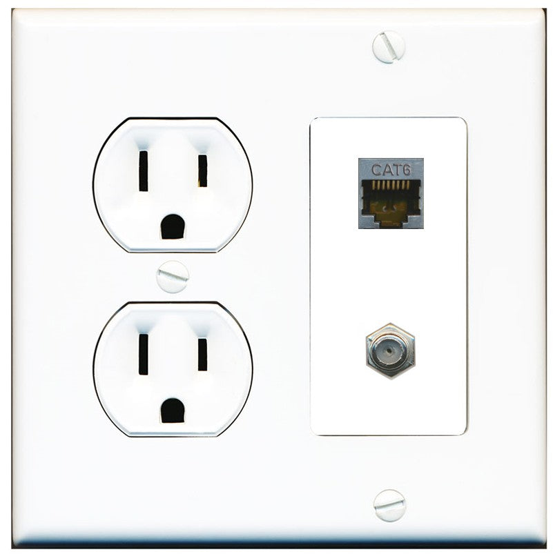15 Amp Round Power Outlet 1 Port Cat6 Shielded 1 Coax Cable TV F-Type Wall Plate - Round Outlet [White]