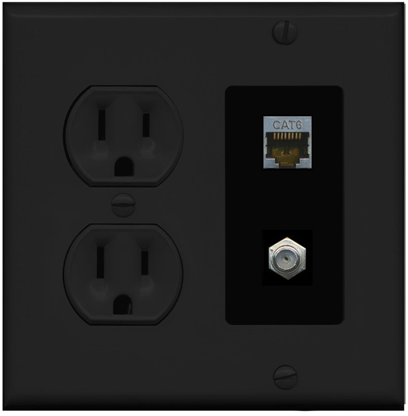 15 Amp Round Power Outlet 1 Port Cat6 Shielded 1 Coax Cable TV F-Type Wall Plate - Round Outlet [Black/Black]