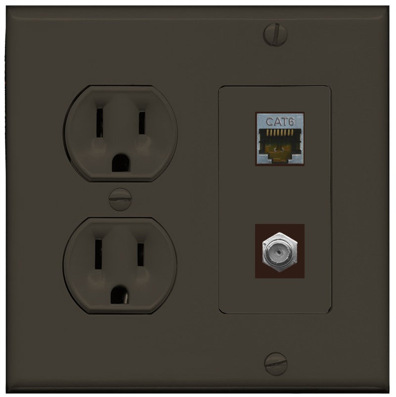 15 Amp Round Power Outlet 1 Port Cat6 Shielded 1 Coax Cable TV F-Type Wall Plate - Round Outlet [Brown/Brown]