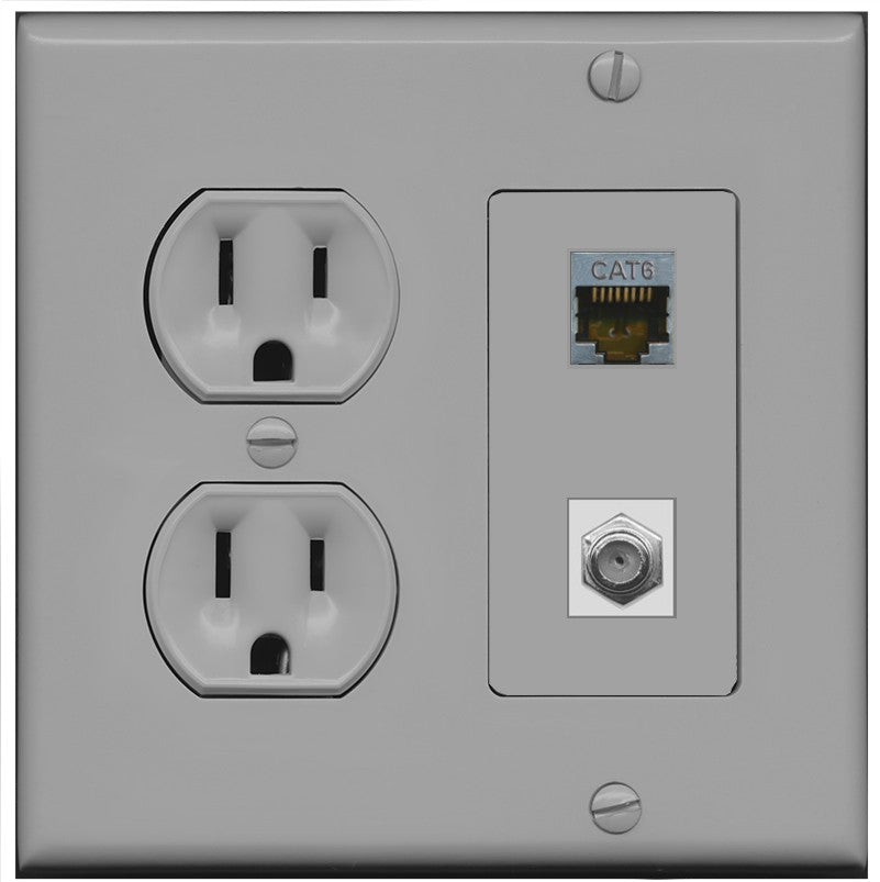 15 Amp Round Power Outlet 1 Port Cat6 Shielded 1 Coax Cable TV F-Type Wall Plate - Round Outlet [Gray/Gray]