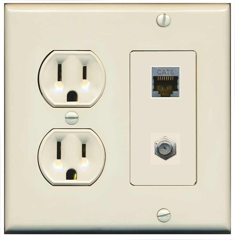 15 Amp Round Power Outlet 1 Port Cat6 Shielded 1 Coax Cable TV F-Type Wall Plate - Round Outlet [Light-Almond]