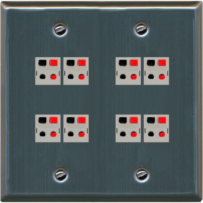 RiteAV 8 Port Speaker Jack Dual Gang Wall Plate for Home Theater - Flat Style 2 Gang [Stainless Steel]