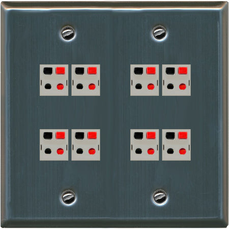 RiteAV 8 Port Speaker Jack Dual Gang Wall Plate for Home Theater - Flat Style 2 Gang [Stainless Steel]