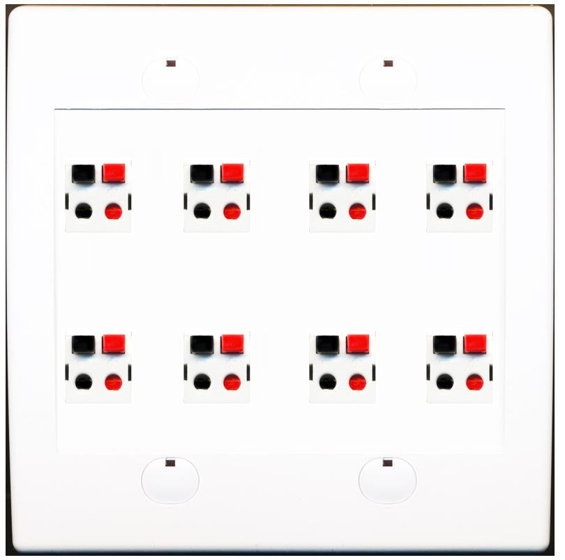 RiteAV 8 Port Speaker Jack Dual Gang Wall Plate for Home Theater - Flat Style 2 Gang [White]