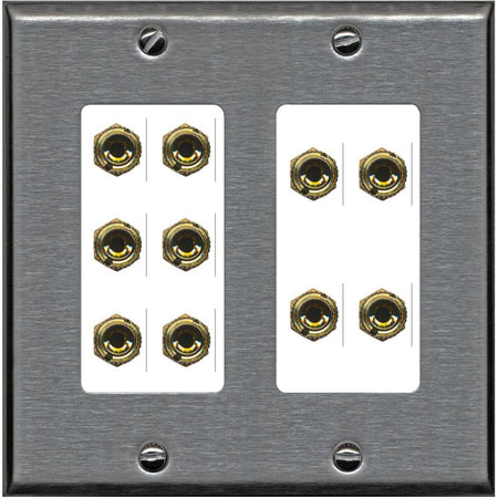 RiteAV 10 Banana 5 Speaker Surround 2 Gang Coupler Decorative Wall Plate - 2 Gang [Stainless/White]