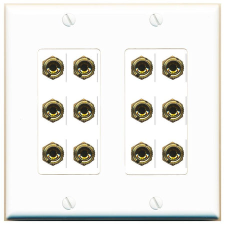 RiteAV 12 Banana 6 Speaker Surround Female Coupler Decorative Wall Plate - 2 Gang [White]