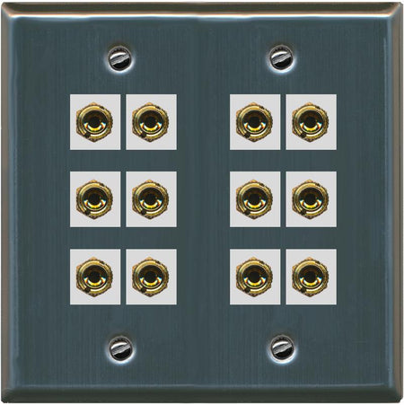 RiteAV 12 Banana 6 Speaker Surround  2 Gang Coupler Wall Plate 2 Gang Stainless