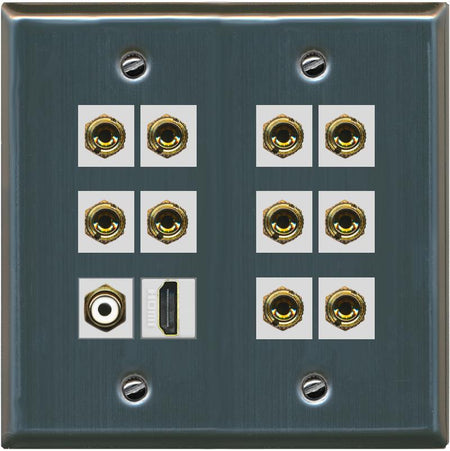 RiteAV 5.1 Surround Sound Speaker and 1 Port HDMI RCA Wall Plate 10 Banana - Flat 2 Gang [Stainless Steel]