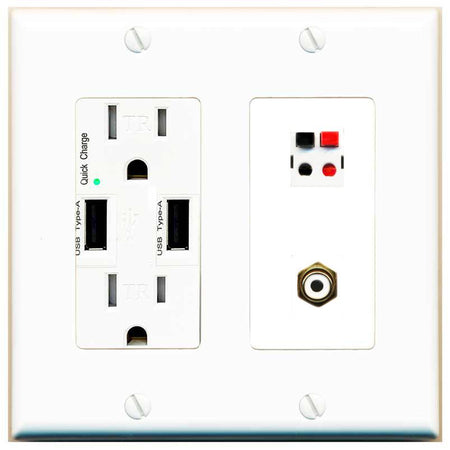 RiteAV 1 Port Speaker Plug Jack Wall Plate with RCA for Subwoofer - USB Charger [White]