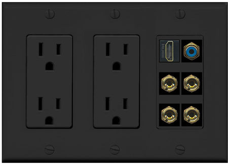 RiteAV 2 Speaker 4 Banana Binding Post Wall Plate with 1 HDMI AND RCA Jack - 2 Outlet [Black/Black]