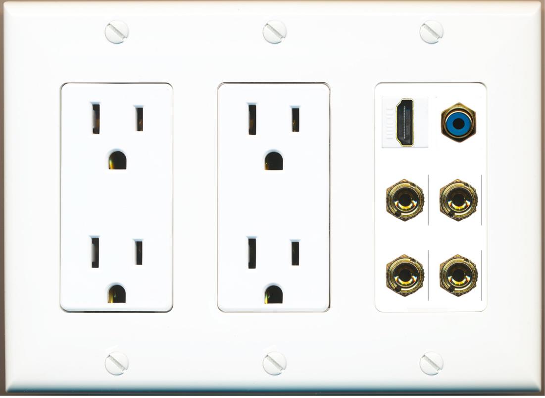 RiteAV 2 Speaker 4 Banana Binding Post Wall Plate with 1 HDMI AND RCA Jack - 2 Outlet [White]