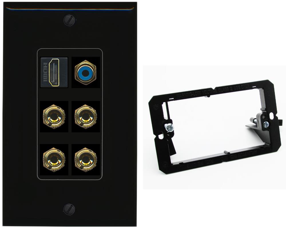 RiteAV 2 Speaker 4 Banana Binding Post Wall Plate with 1 HDMI AND RCA Jack - Bracket [Black/Black]
