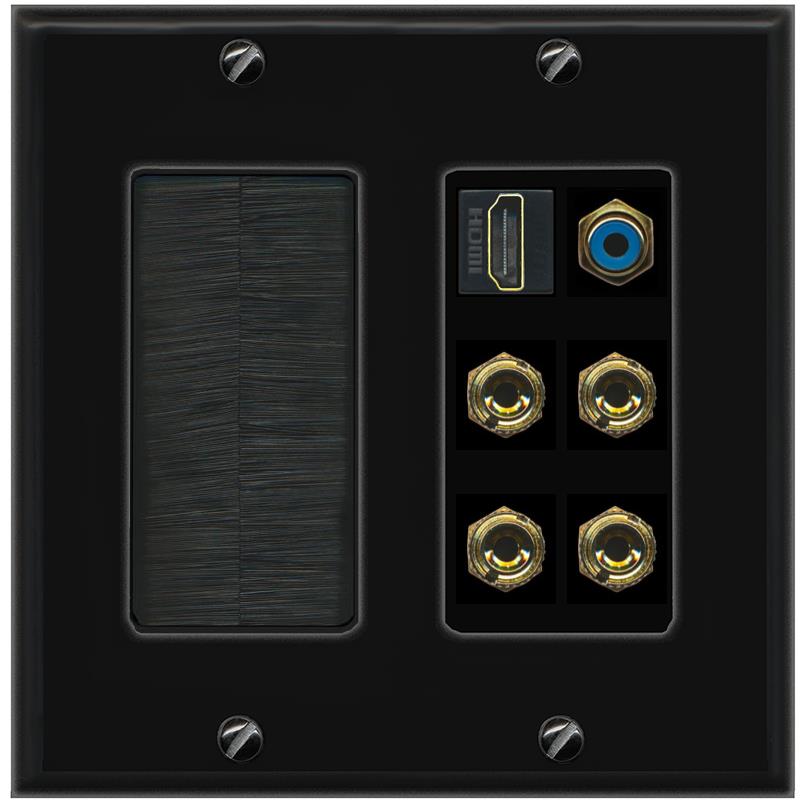 RiteAV 2 Speaker 4 Banana Binding Post Wall Plate with 1 HDMI AND RCA Jack - Brush [Black/Black]