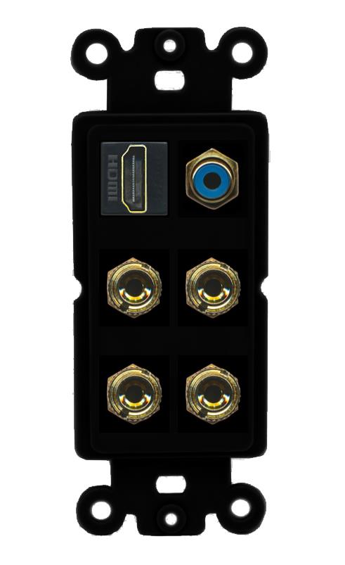 RiteAV 2 Speaker 4 Banana Binding Post Wall Plate with 1 HDMI AND RCA Jack - Rocker [Black/Black]
