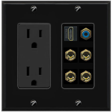 RiteAV 2 Speaker 4 Banana Binding Post Wall Plate with 1 HDMI AND RCA Jack - Outlet [Black/Black]