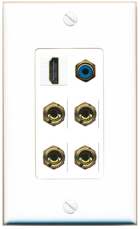 RiteAV 2 Speaker 4 Banana Binding Post Wall Plate with 1 HDMI AND RCA Jack - 1 Gang [White]