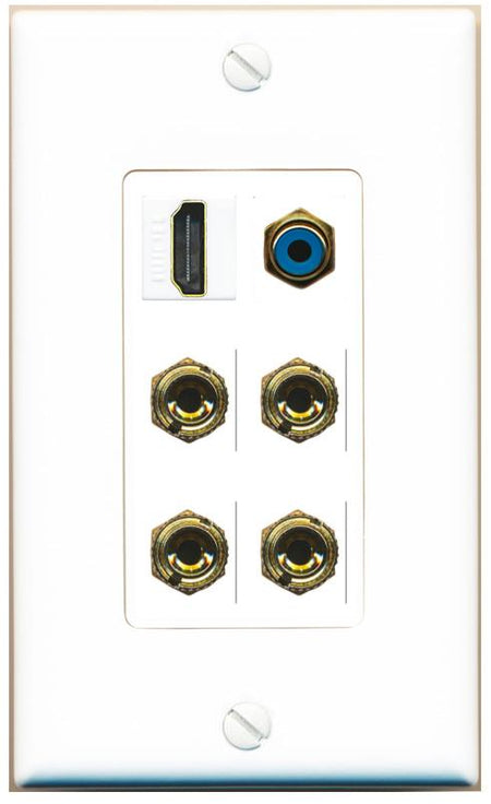 RiteAV 2 Speaker 4 Banana Binding Post Wall Plate with 1 HDMI AND RCA Jack - 1 Gang [White]