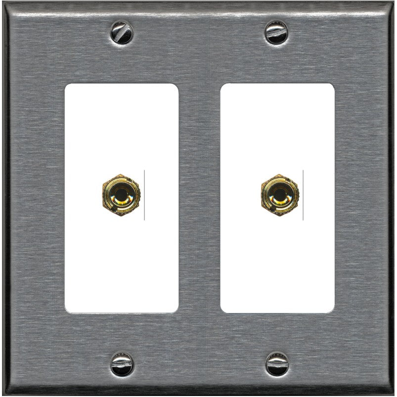 RiteAV 2 Banana 1 Speaker Surround Female Coupler Binding Post Wall Plate - 2 Gang [Stainless/White]
