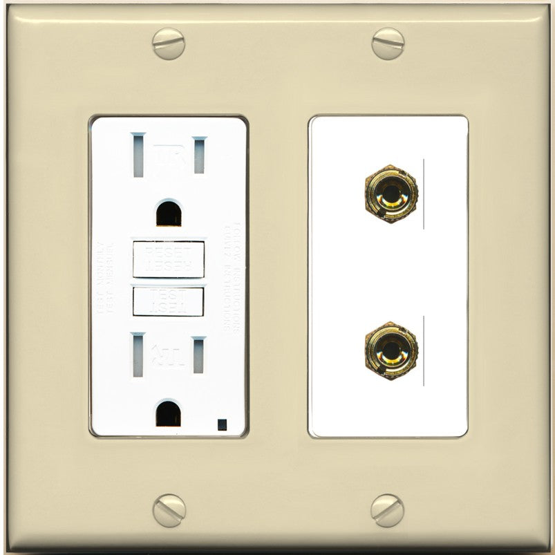 RiteAV 2 Banana 1 Speaker Surround Female Coupler Binding Post Wall Plate - GFCI Outlet [Ivory/White]