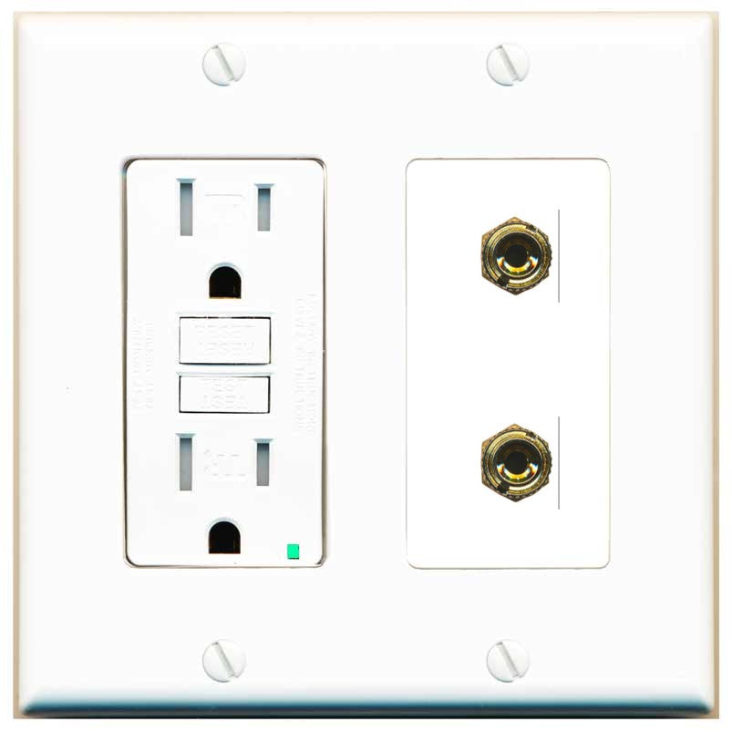 RiteAV 2 Banana 1 Speaker Surround Female Coupler Binding Post Wall Plate - GFCI Outlet [White]