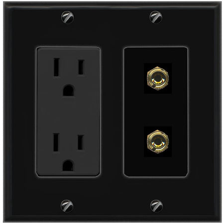 RiteAV 2 Banana 1 Speaker Surround Female Coupler Binding Post Wall Plate - Outlet [Black/Black]
