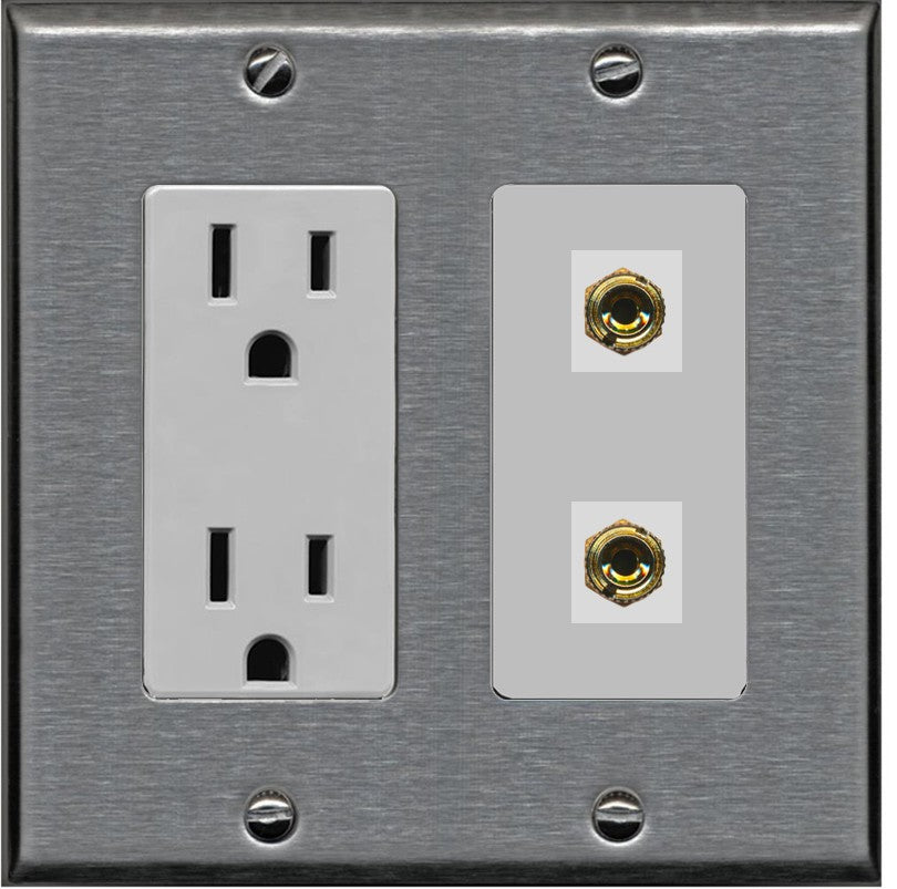 RiteAV 2 Banana 1 Speaker Surround Female Coupler Binding Post Wall Plate - Outlet [Stainless/Gray]