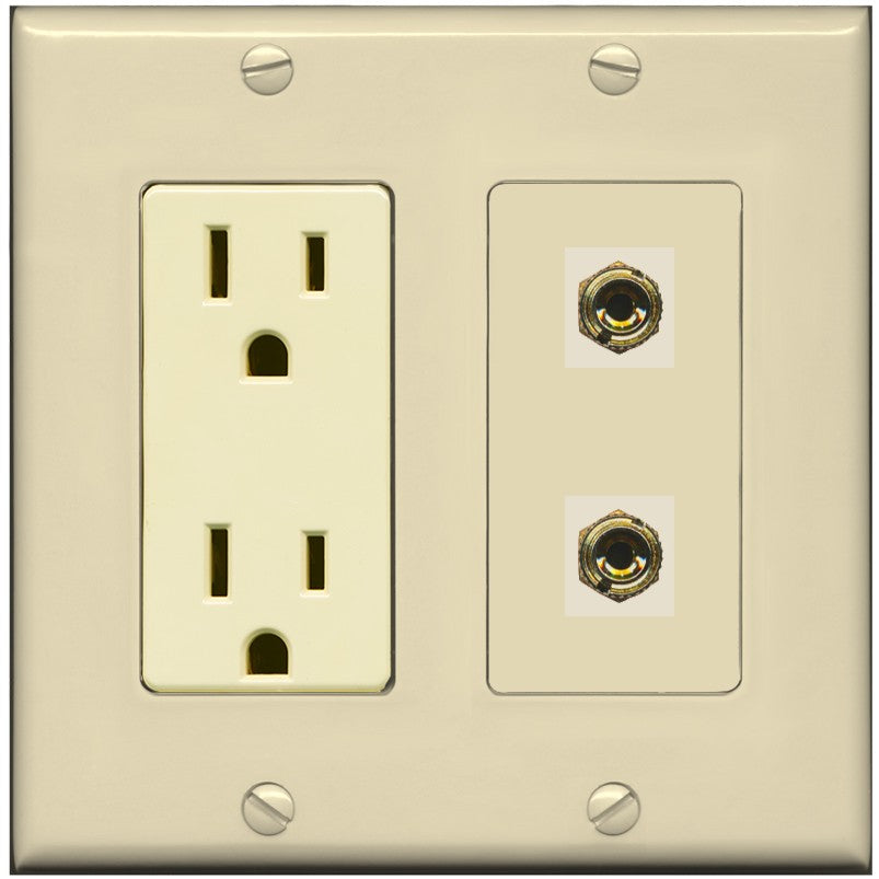 RiteAV 2 Banana 1 Speaker Surround Female Coupler Binding Post Wall Plate - Outlet [Ivory/Ivory]