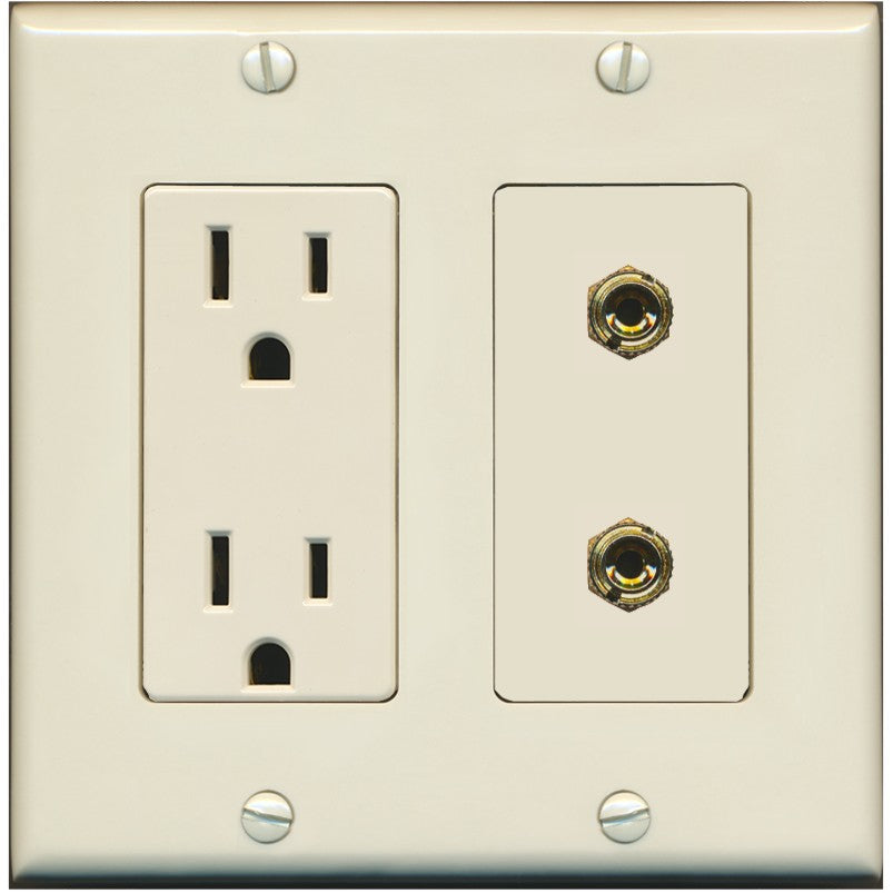 RiteAV 2 Banana 1 Speaker Surround Female Coupler Binding Post Wall Plate - Outlet [Light-Almond]