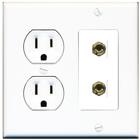 RiteAV 2 Banana 1 Speaker Surround Female Coupler Binding Post Wall Plate - Round Outlet [White]