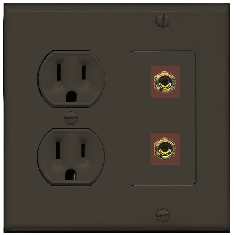 RiteAV 2 Banana 1 Speaker Surround Female Coupler Binding Post Wall Plate - Round Outlet [Brown/Brown]